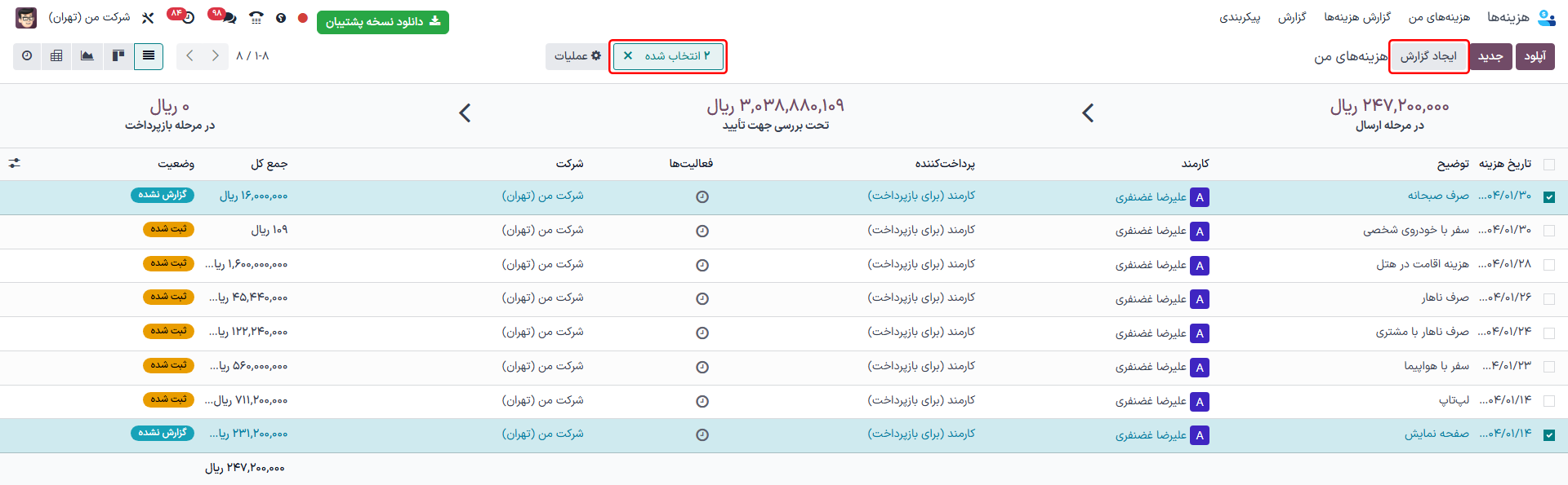 انتخاب هزینهها برای ثبت و سپس ایجاد گزارش.