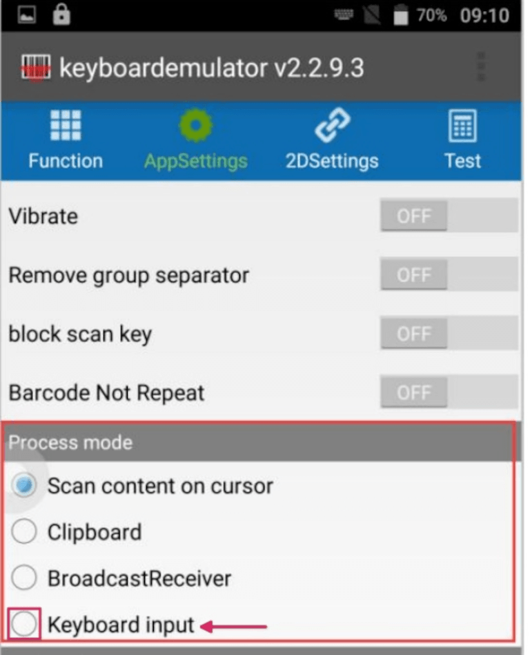 بخش حالت پردازش در صفحه AppSettings اسکنر MUNBYN.