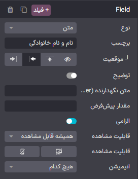 تنظیمات پیکربندی فیلد در وب سایت.
