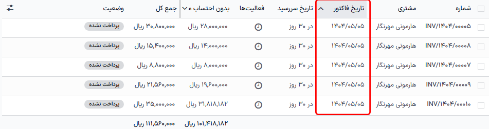 ستون تاریخ فاکتور در صفحه فاکتورهای اشتراک در برنامه اشتراکها.