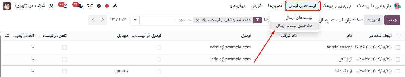 نمایی از صفحه مخاطبان لیستهای ارسال در برنامه بازاریابی با پیامک سازمانیار.
