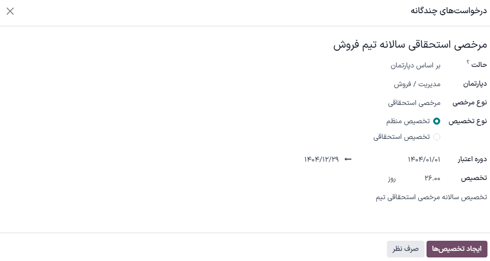 فرم درخواست تخصیص تکمیل شده برای مرخصی استعلاجی برای همه کارمندان دپارتمان فروش.