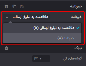 منوی کشویی خبرنامه در نوار کناری سفارشیسازی که در وب سایت ظاهر میشود.
