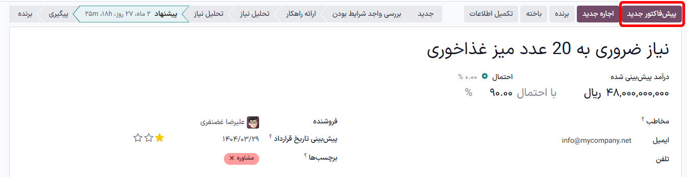 فرم سرنخ واجد شرایط با دکمه پیشفاکتور جدید برجسته شده.