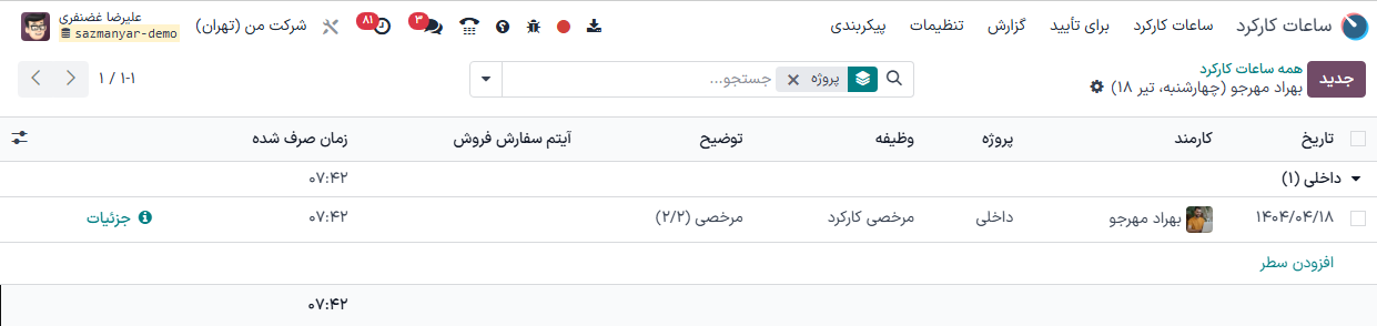 نمایی از جزئیات پروژه و وظیفه در ساعات کارکرد سازمانیار