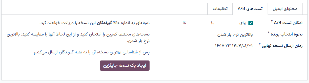 نمایش تب تست‌های A/B در برنامه بازاریابی با ایمیل سازمان‌یار.