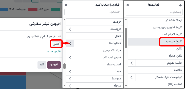پنجره فیلتر سفارشی با تأکید بر گزینه‌های فعالیت‌ها و تاریخ سررسید.
