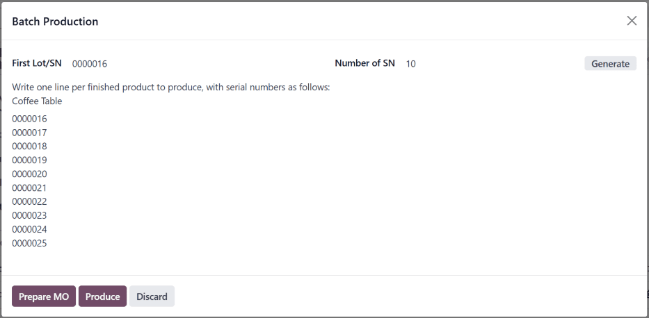پنجره پاپ‌آپ «تولید دسته‌ای»، که از آن می‌توان شماره‌های سریال را اختصاص داد.