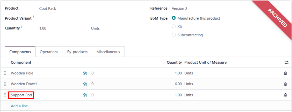 BoM جالباسی، به‌روز شده برای افزودن یک قطعه و عملیات اضافی.