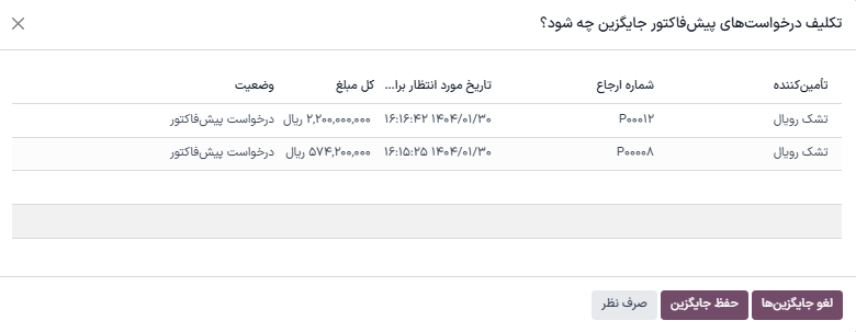 حفظ یا لغو درخواست‌های پیش‌فاکتور جایگزین.