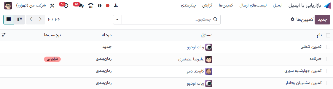 صفحه کمپین با نمای لیست در برنامه بازاریابی با ایمیل.