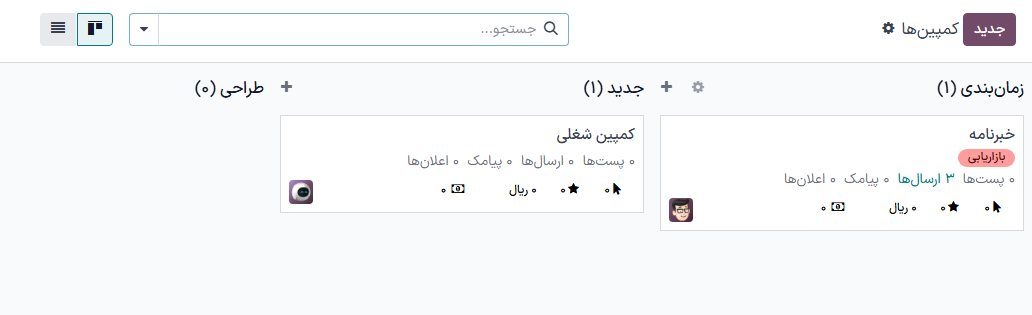 نمای داشبورد از کمپین‌های مختلف برنامه بازاریابی با پیامک سازمان‌یار، بر مبنای مراحل.