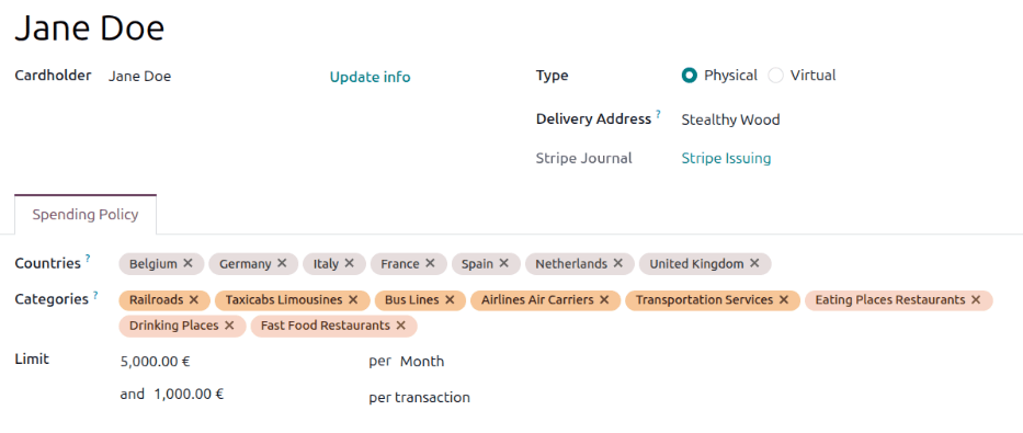 فرم کارت هزینه‌ای که تنها برای حمل‌ونقل و غذا تکمیل شده است.