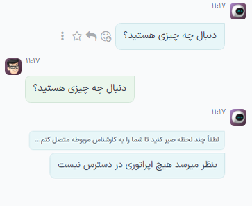 نمایی از پیام‌های پیگیری ربات گفتگو هنگامی که اپراتور گفتگوی آنلاینی در دسترس نیست.