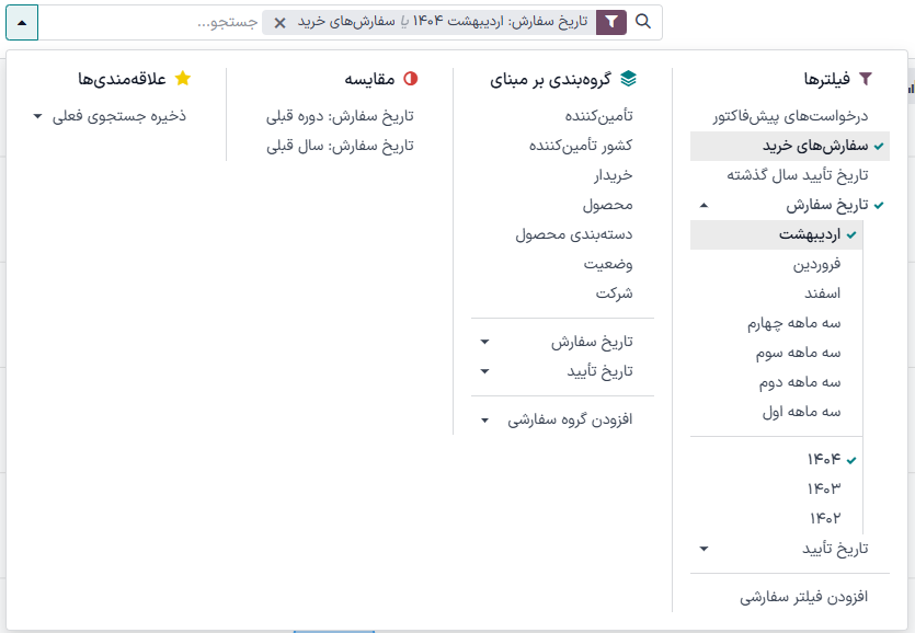 نوار جستجو برای گزارش تحلیل تولید.