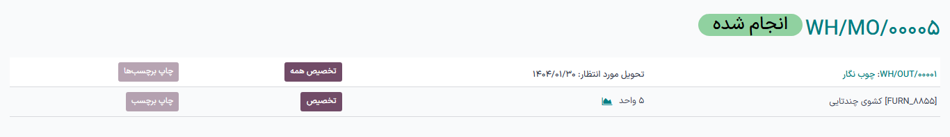 گزارش دریافت تولید برای یک سفارش تولید حاوی قطعات.