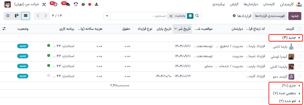 داشبورد قراردادها که قراردادهای جاری و قراردادهای دارای مشکل را نشان می‌دهد.