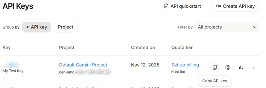 کلید جدید Gemini با دکمه کپی برجسته شده.
