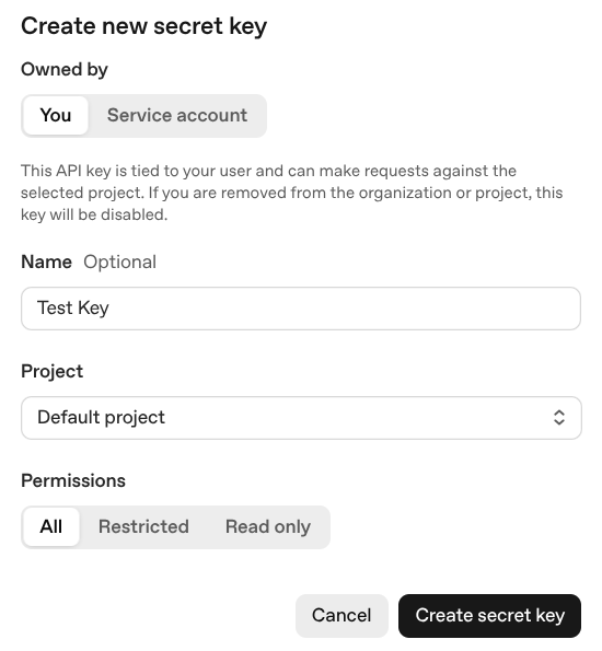 پنجره پاپ‌آپی که در آن کلیدهای api جدید در OpenAI ایجاد می‌شوند.