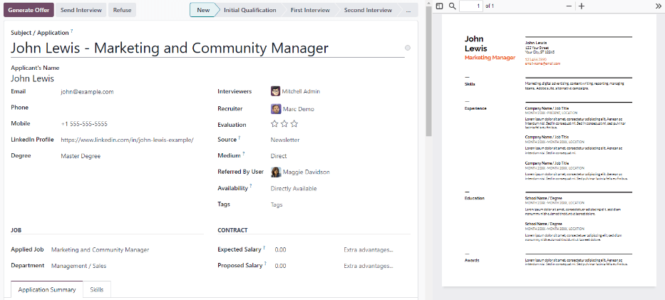 رزومه در کارت متقاضی، که در سمت چپ ظاهر می‌شود.