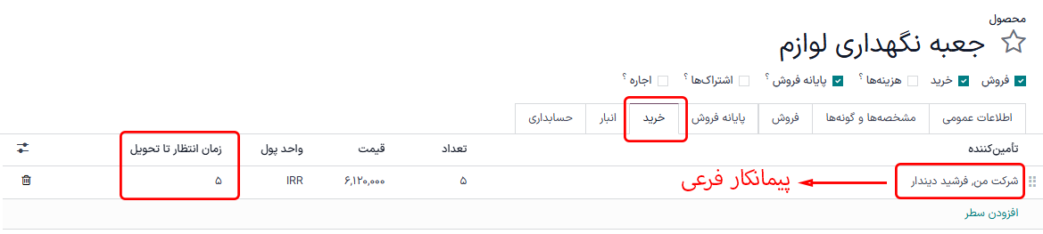 فیلد زمان انتظار برای یک پیمانکار فرعی، در تب خرید صفحه محصول.