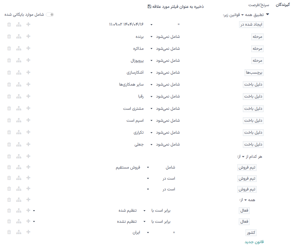 نمایی از نحوه سفارشی‌سازی فیلترها در برنامه بازاریابی با ایمیل سازمان‌یار.
