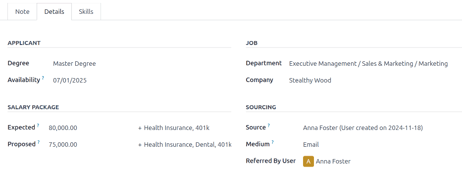 تمام فیلدهای سربرگ جزئیات برای فرم متقاضی جدید وارد شده است.