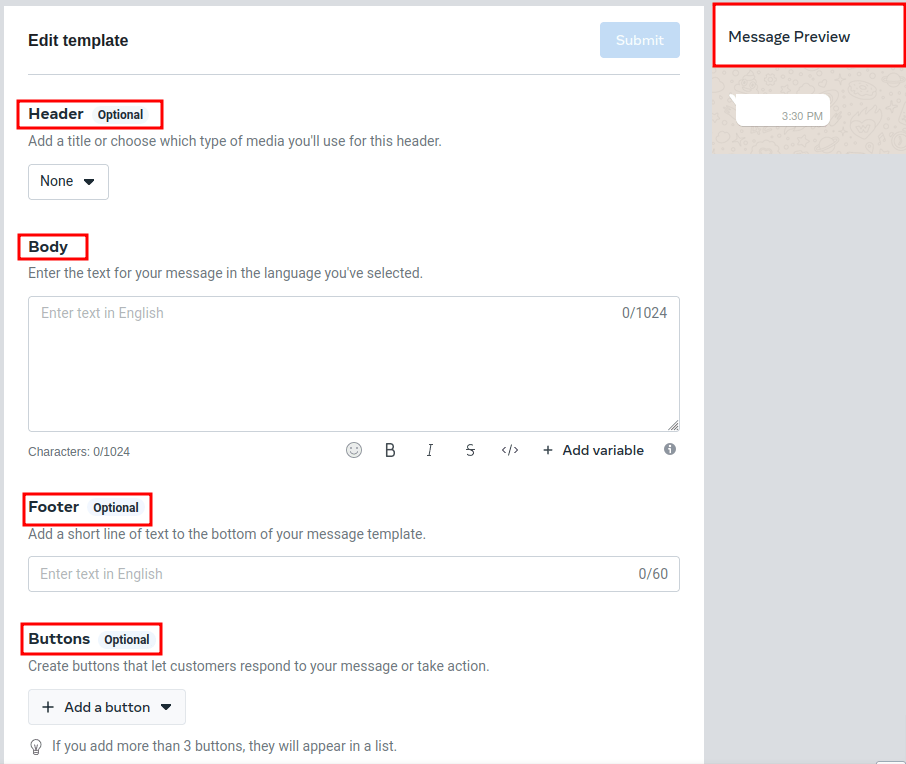 ویرایش قالب با استفاده از سربرگ، بدنه، پاورقی و دکمه‌ها.