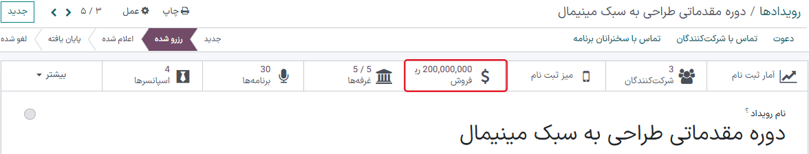 نمایی از فرم رویداد و دکمه هوشمند فروش در برنامه رویدادها.