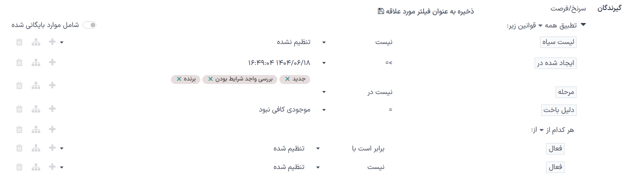 لیست فیلتر بازیابی سرنخ‌های از دست رفته که دلایل از دست رفتن مانند گران بودن را حذف می‌کند.