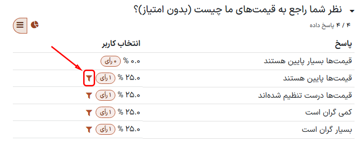 آیکون 'فیلتر' در صفحه‌ی 'مشاهده نتایج' در برنامه‌ی نظرسنجی‌ها.