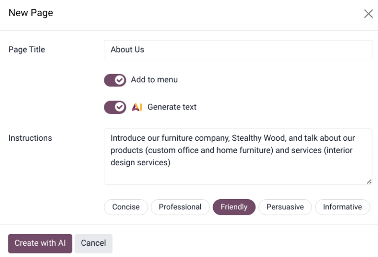پنجره پاپ‌آپ صفحه جدید با گزینه‌های تولید متن با هوش مصنوعی قابل مشاهده.