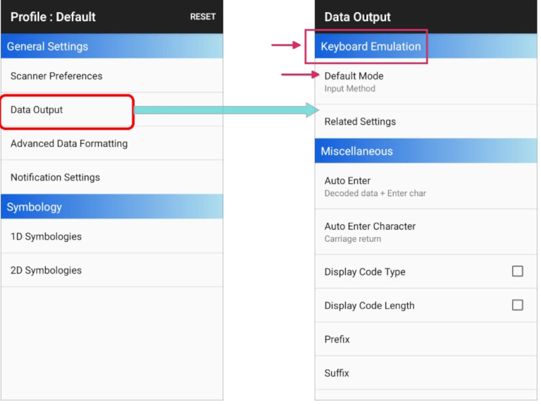 صفحه تنظیمات خروجی داده اسکنر Cipherlab.