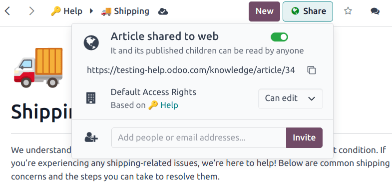نمایی از مطلب دانش با تمرکز بر گزینه‌های اشتراک گذاری و انتشار.