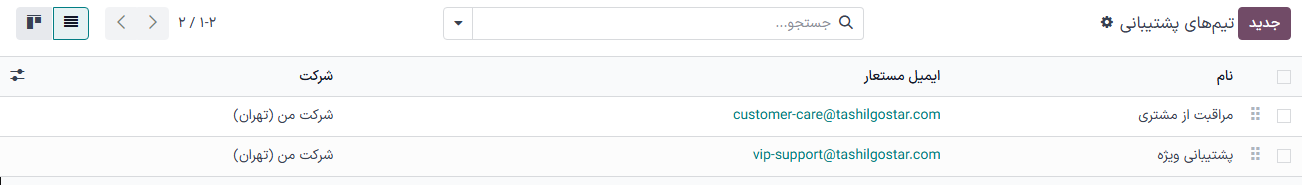 نمایی از صفحه تیم‌های سامانه پشتیبانی در برنامه سامانه پشتیبانی.