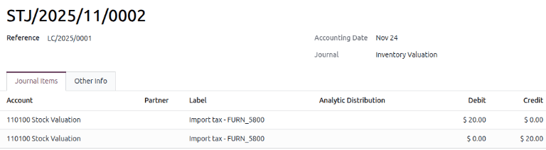 فرم ثبت دفتر روزنامه برای بهای تمام شده تا درب انبار ایجاد شده از صورت‌حساب تأمین‌کننده.