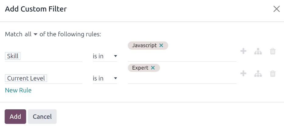 پاپ‌آپ فیلتر سفارشی با پارامترهای تنظیم شده.