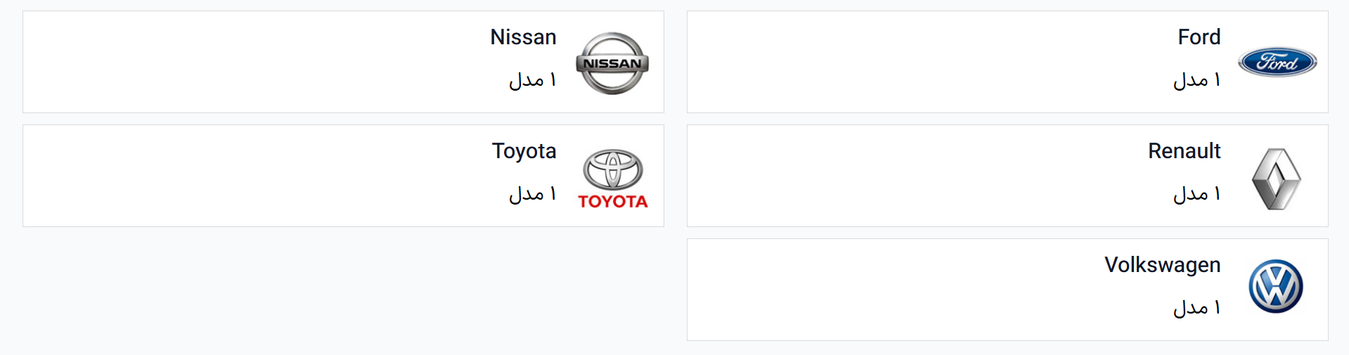 کارت تولیدکننده حاوی لیست مدل‌ها.