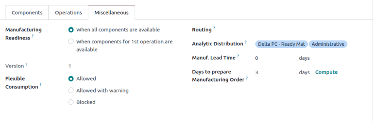 نمایش تب *متفرقه* لیست مواد.