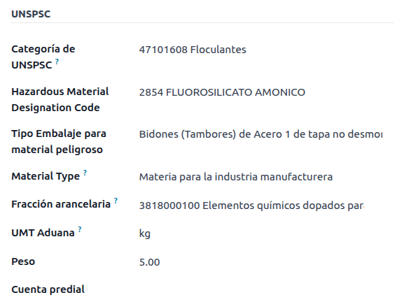 Required external trade product fields.