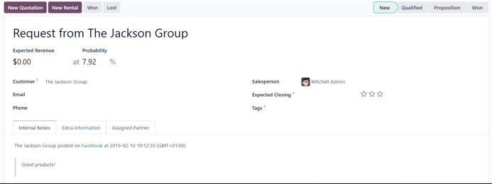 فرم جزئیات سرنخ جدید که از دیدگاه ششبکه اجتماعی در برنامه بازاریابی ایجاد می‌شود.
