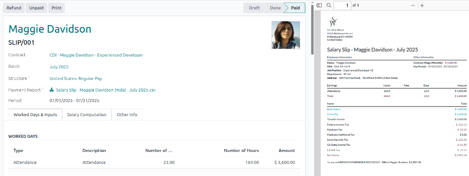 فیش حقوق جدید ایمیل شده به کارمند، که این ایمیل در کادر پیام نیز نمایش داده می‌شود.