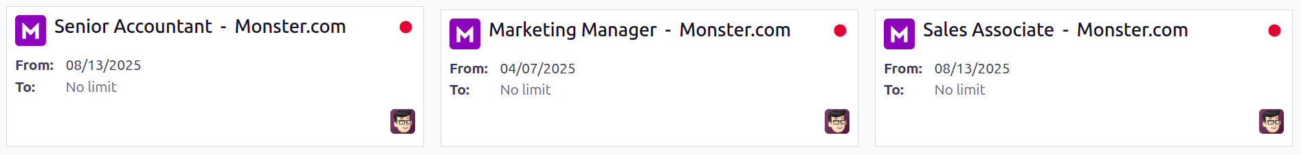 تمام فرصت‌های شغلی ارسال شده در یک تابلوی شغلی.