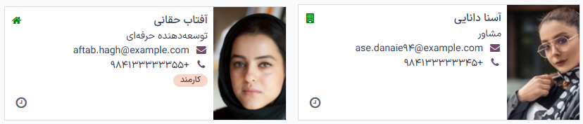 دو کارت کانبان کارمند که محل کار و وضعیت آنها را نمایش می‌دهد.