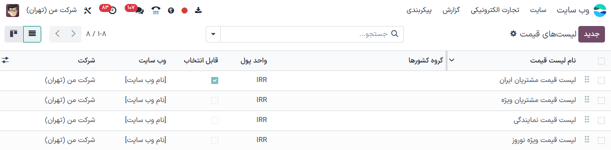 نمونه‌ای از لیست‌های قیمت مختلف اختصاص داده شده به یک وب سایت.