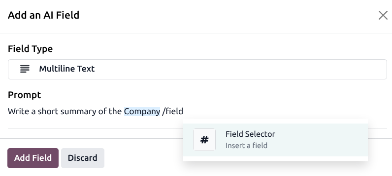 پنجره پاپ‌آپ افزودن فیلد که در آن دستور هوش مصنوعی وارد می‌شود.