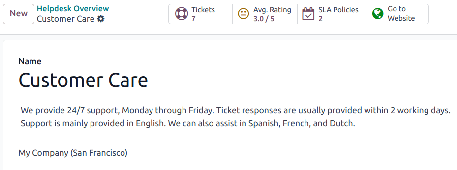 نمایی از صفحه تنظیمات تیم سامانه پشتیبانی با تأکید بر دکمه برو به وب سایت در سامانه پشتیبانی اودوو