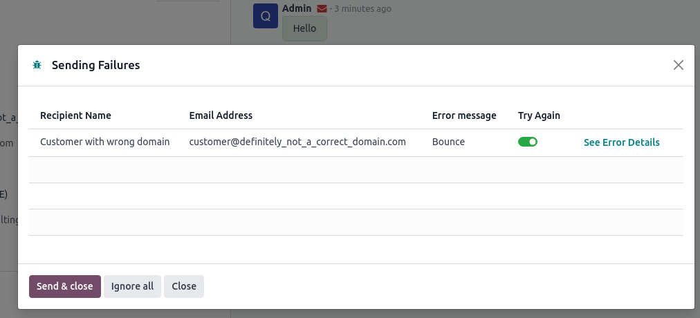 ایمیل ارسال شده به دامنه اشتباه یک بازگشتی ایجاد می‌کند که به صورت یک پاکت قرمز نمایش داده می‌شود.
