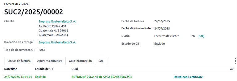 EDI document record available in SAT tab.