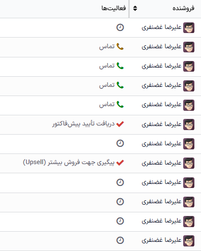 نمای لیست از پایپ‌لاین CRM و گزینه زمان‌بندی یک فعالیت.